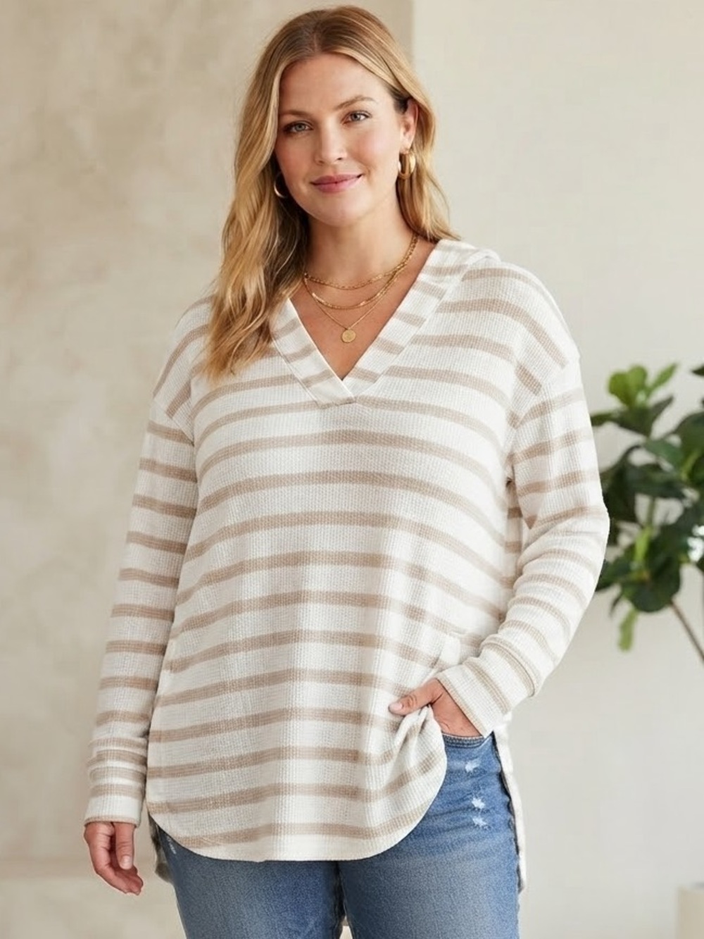 Striped V-Neck Waffle Knit Hoodie Top in Cream & Khaki by Style & Co. NWT